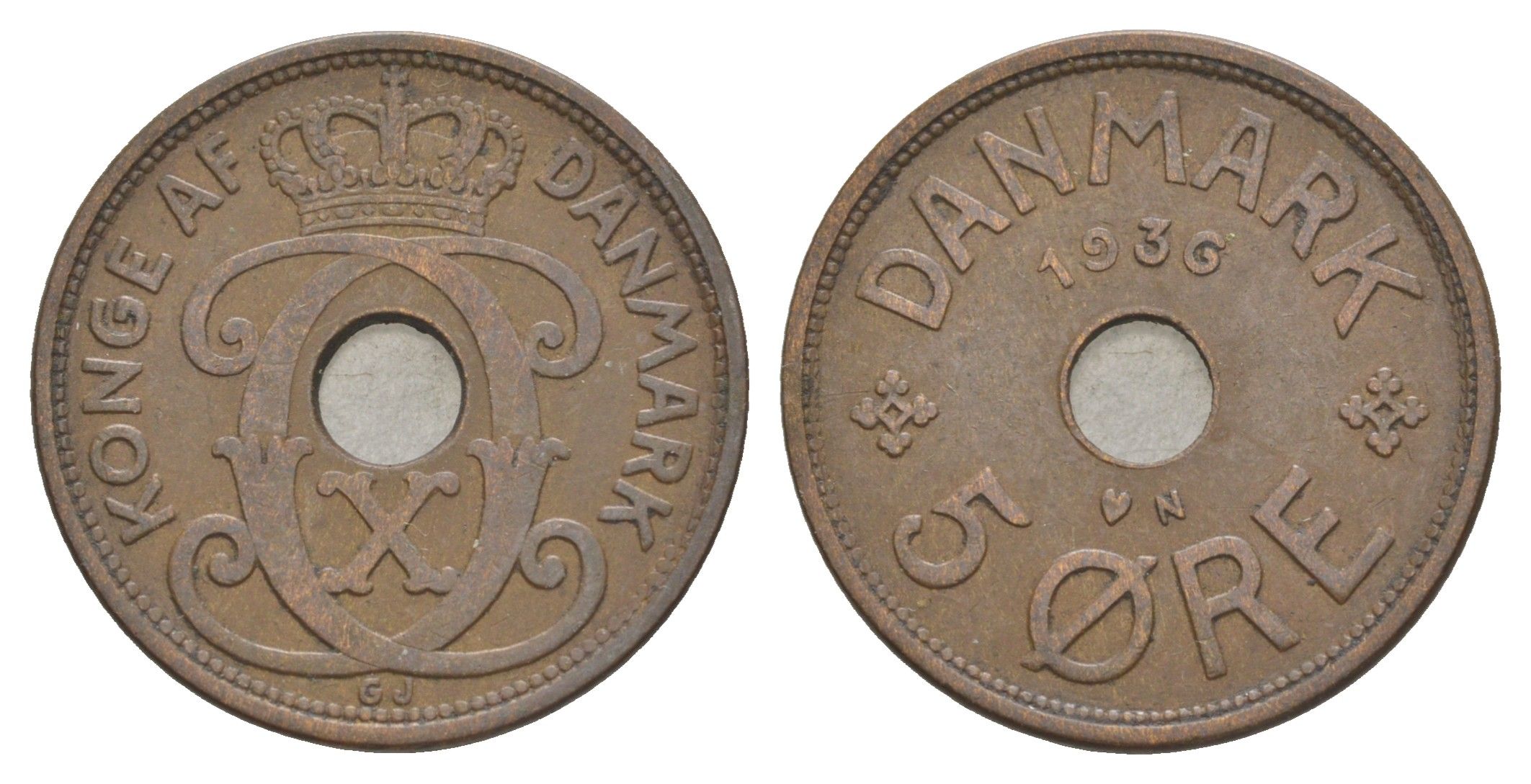 Дания 5 эре 1936 N, Кристиан X (1912-1947) KM 828 бронза 4638-626