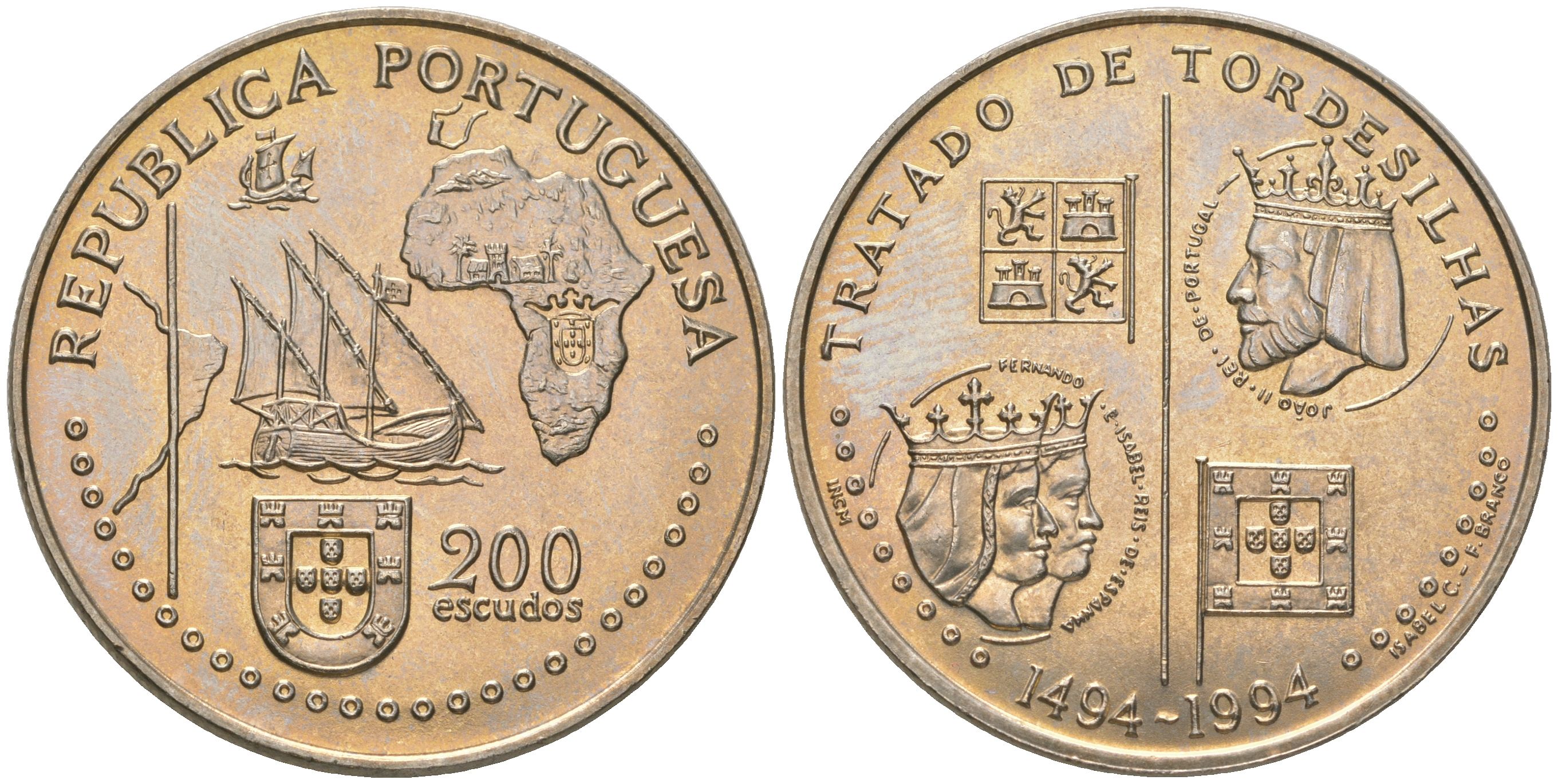 Португалия 200 эскудо 1994 500 лет с момента заключения Тордесильясского договора KM 671 медно-никель UNC 74-632
