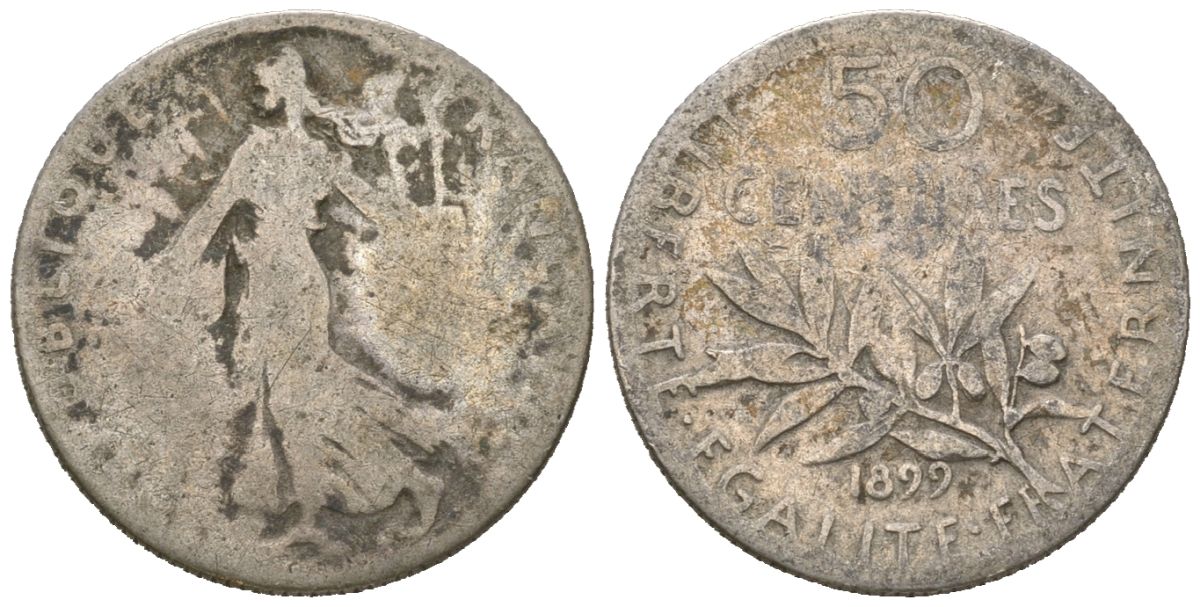 Франция 50 сантимов 1899 KM 854 серебро 4611-1127