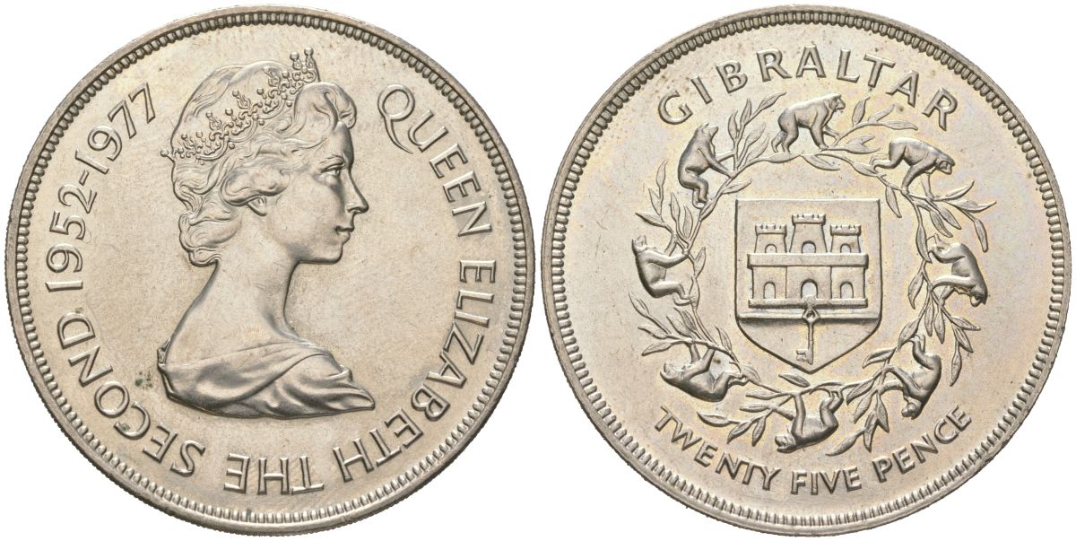 Гибралтар 25 пенсов 1977 25 лет правлению Королевы Елизаветы II KM 10 медно-никель UNC 00-1067-5-23