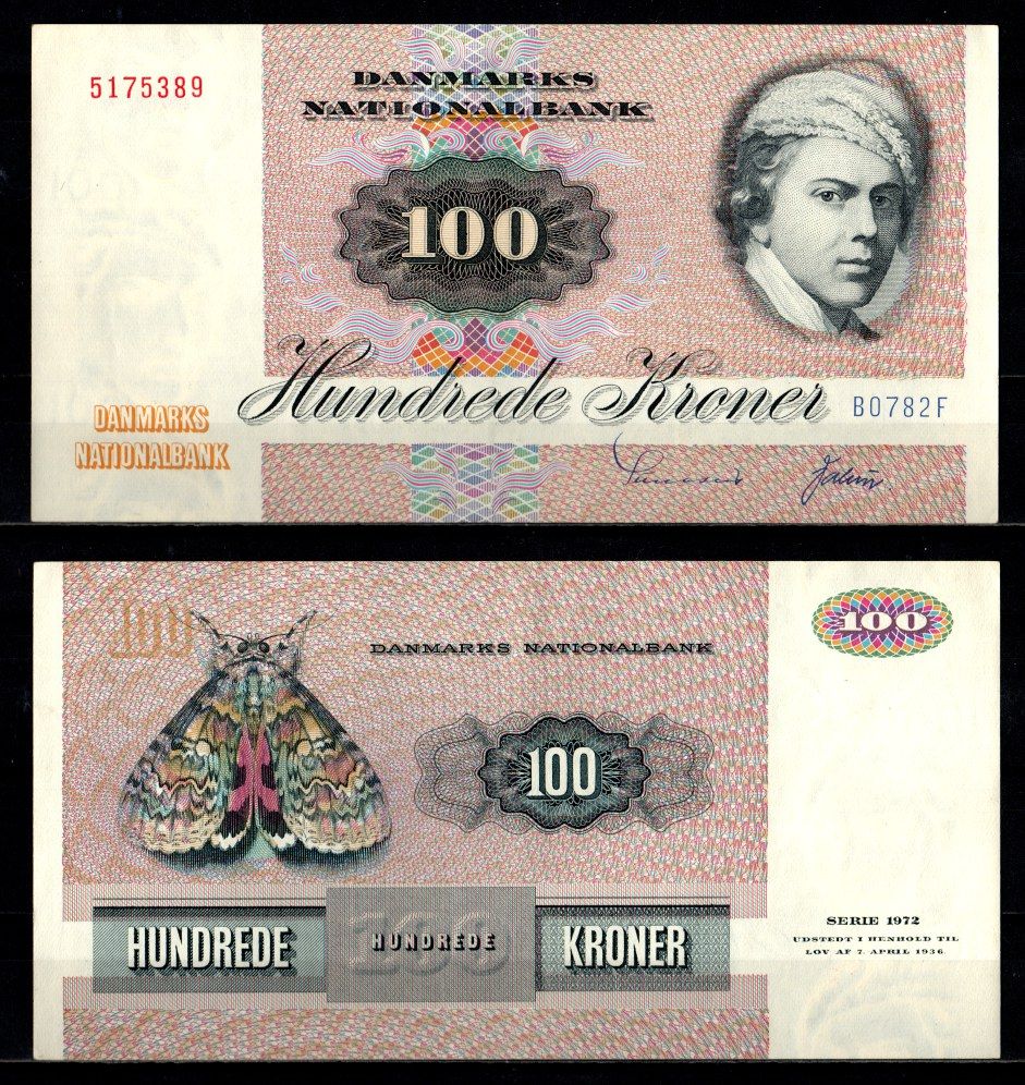 Дания 100 крон 1975 Йенс Юэль. Красная бабочка Pick 51 b бумага 451-1230-2