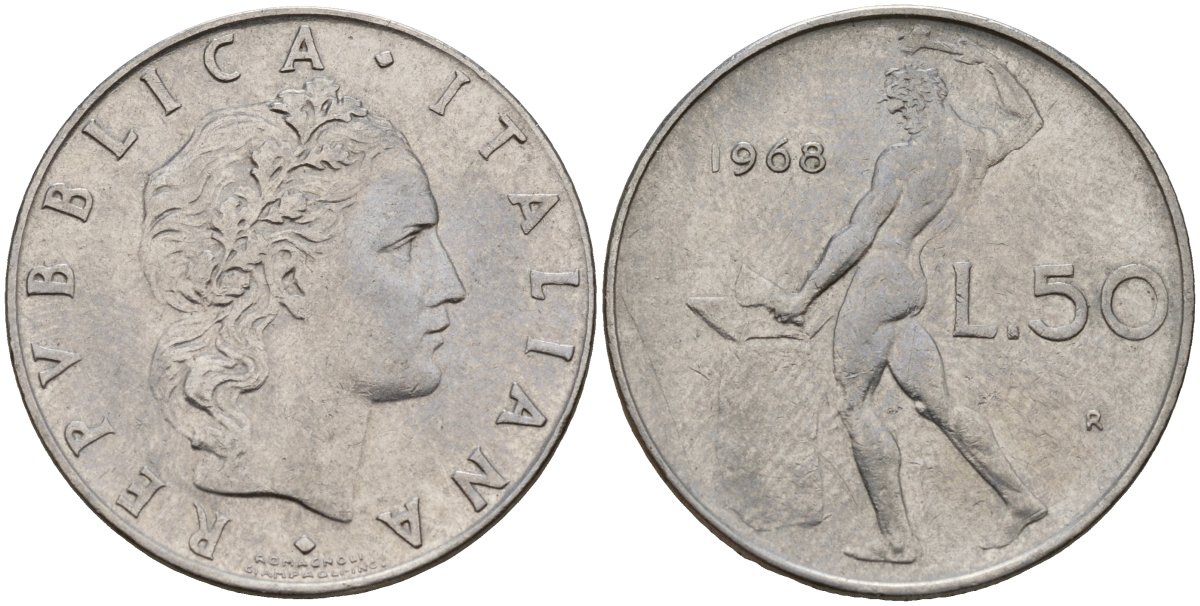 Италия 50 лир 1968 R, бог Вулкан у наковальни KM 95.1 нержавеющая сталь 4156-731