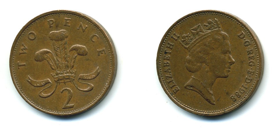 Великобритания 2 пенса 1988 Елизавета II (1952-2022) KM 936, Spink 4376 (C3) бронза 540-416