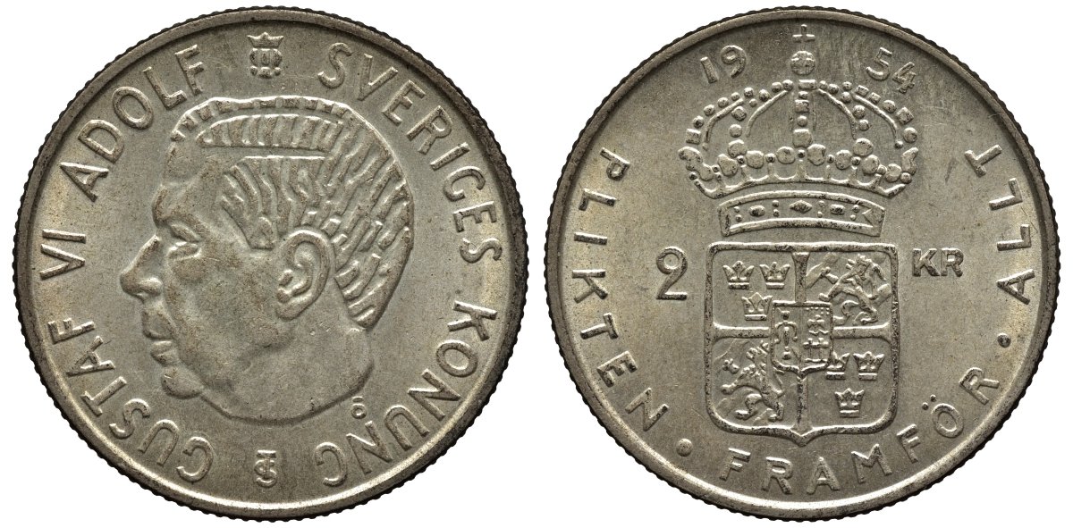 Швеция 2 эре 1954 TS, Густав VI Адольф (1950-1973) КМ 821 бронза 4602-654