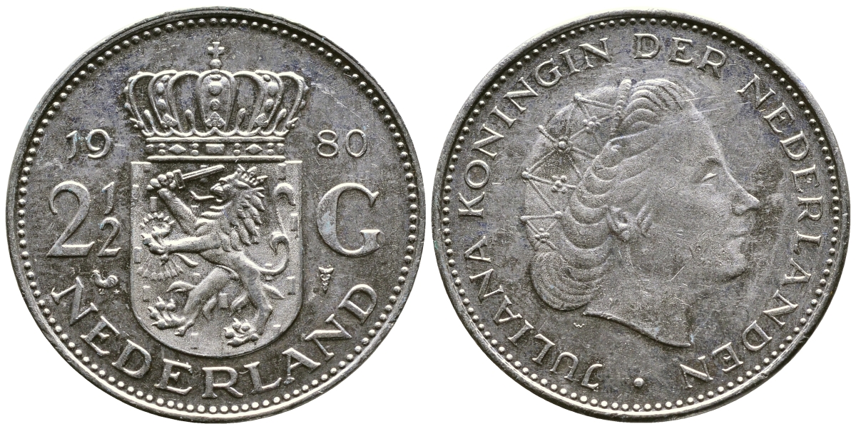 Нидерланды 2 1/2 гульдена 1980 Юлиана (1948-1980) KM 191 никель 4542-532