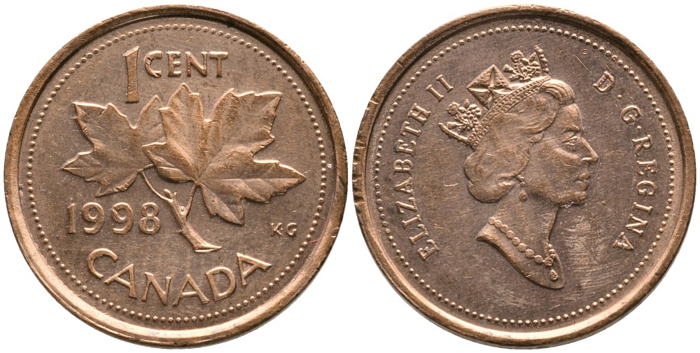КАНАДА 1 ЦЕНТ 1998 ЕЛИЗАВЕТА II (1952-), КЛЕНОВЫЙ ЛИСТ, ТРЕТИЙ ПОРТРЕТ В КОРОНЕ KM 289 сталь плакированная медью 4532-731