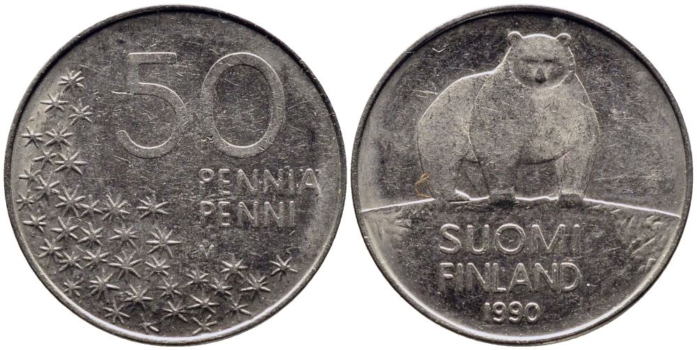 Финляндия 50 пенни 1990 M, полярный медведь KM 66 медно-никель 72-1155