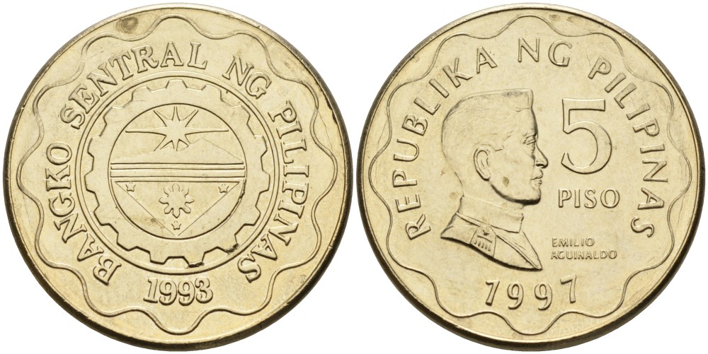 Филиппины 5 писо 1997 KM 272 никель латунь 4556-1242