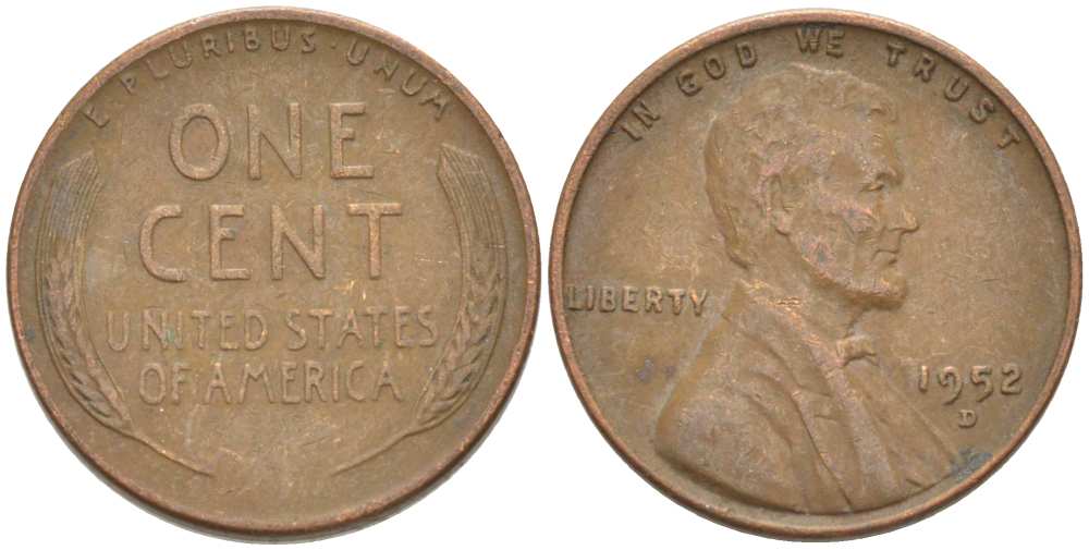 США 1 ЦЕНТ 1952 D, ЛИНКОЛЬН KM А132 медь цинк 3309-1014