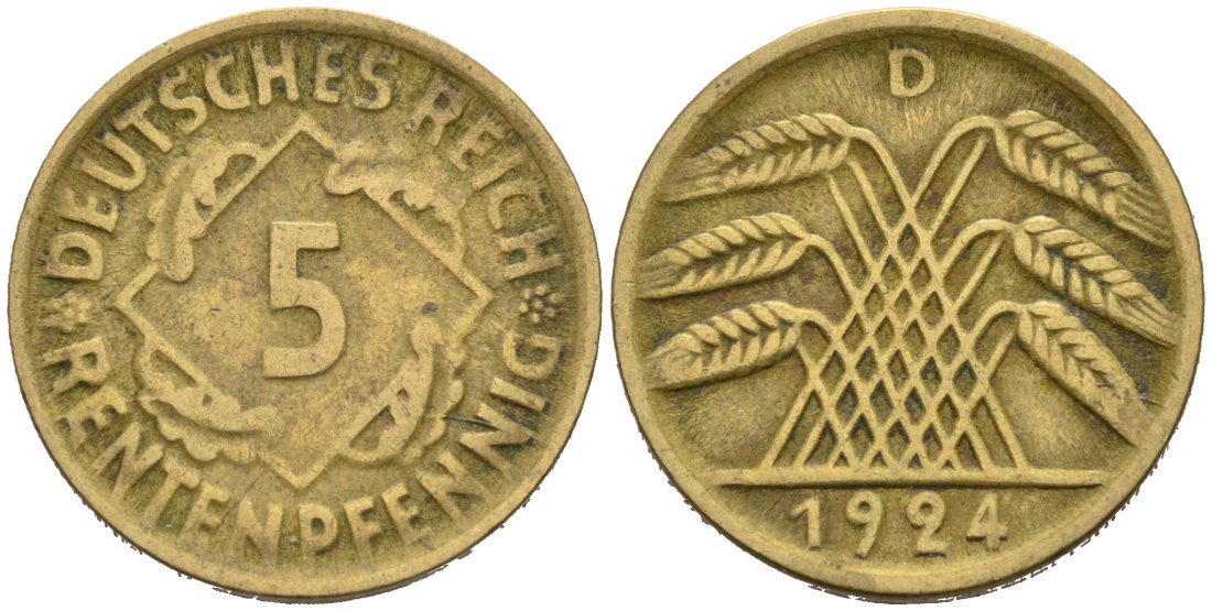 Германия 5 рентенпфеннигов 1924 D KM 32, J. 108 алюминиевая бронза 46-536