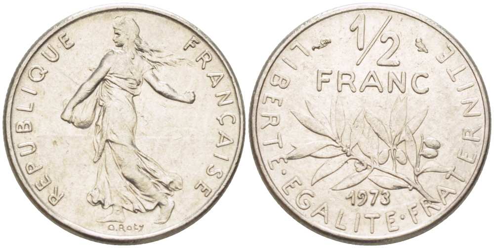 ФРАНЦИЯ 1/2 ФРАНКА 1973 СЕЯТЕЛЬ KM 931.1, LE FRANC 198.12 никель 217-237