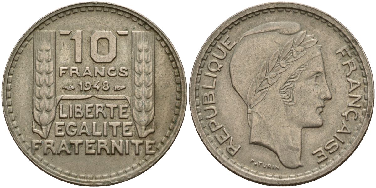Франция 10 франков 1949 B, тип Пьер Турин, Grosse Tete KM 909.1, LE FRANC 362.3 медно-никель 4150-844