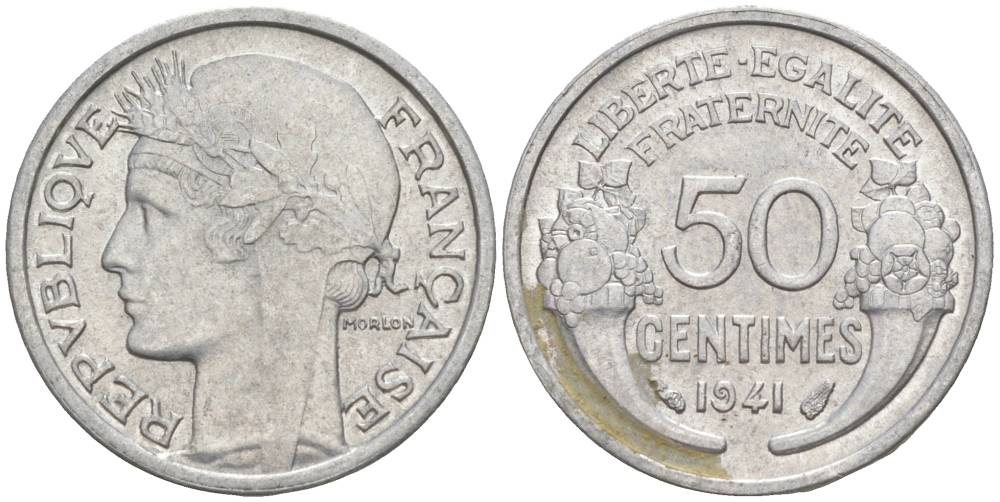 ФРАНЦИЯ 50 САНТИМОВ 1941 ТИП MORLON LOURDE KM 894.1a, LE FRANC 193.2 алюминий 44-163