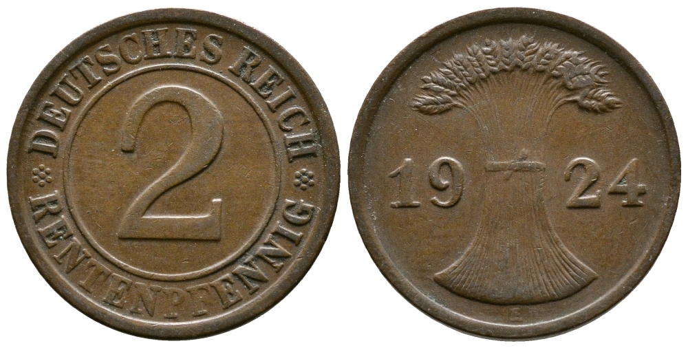 ГЕРМАНИЯ 2 РЕНТЕНПФЕННИГА 1924 E KM 31, J.307 бронза 86-1716