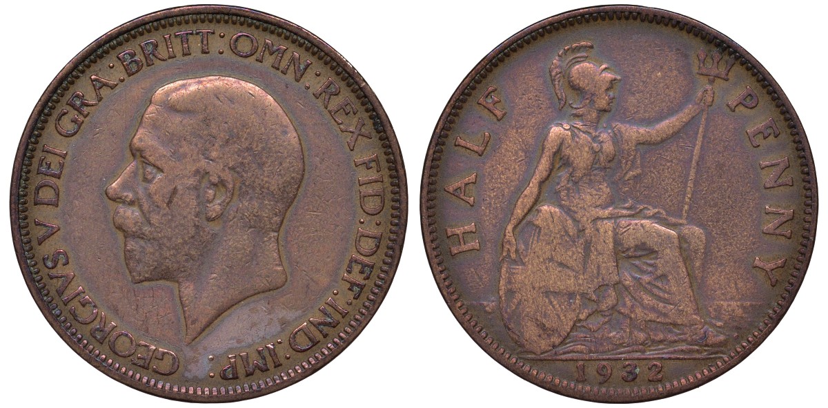 Великобритания 1/2 пенни 1932 Георг V (1910-1936) KM 837, Spink 4058 бронза 4122-742