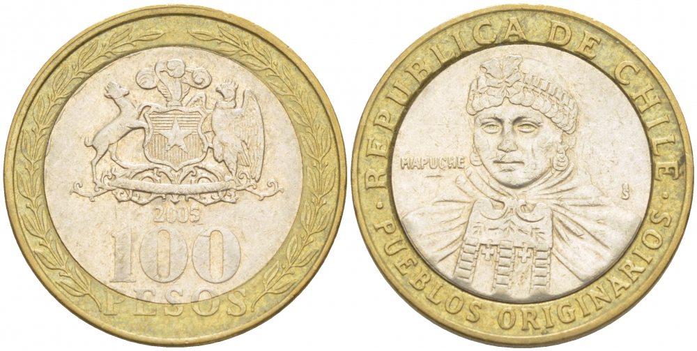 Чили 100 песо 2005 индейцы Мапуче KM 236 биметалл 4539-1153