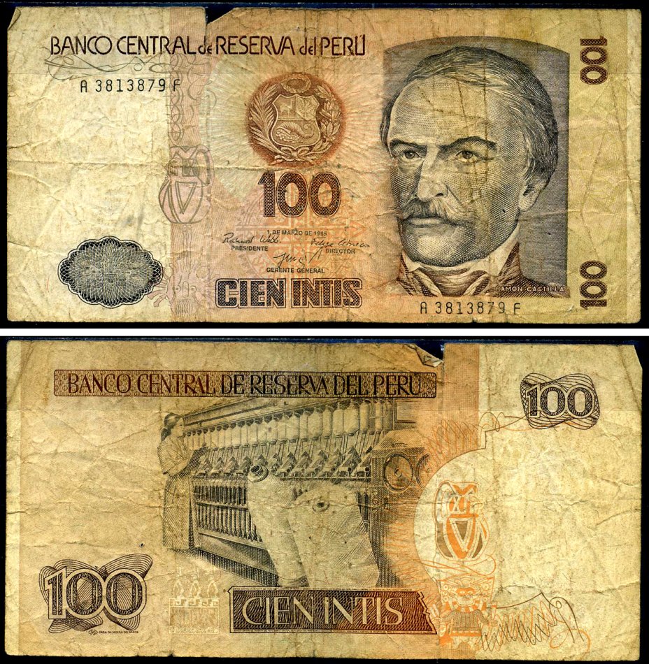 Перу 100 инти 1985 Рамон Кастилья, прядильная машина, 1 марта 1985 Pick 132 a бумага 2192-51-1-2