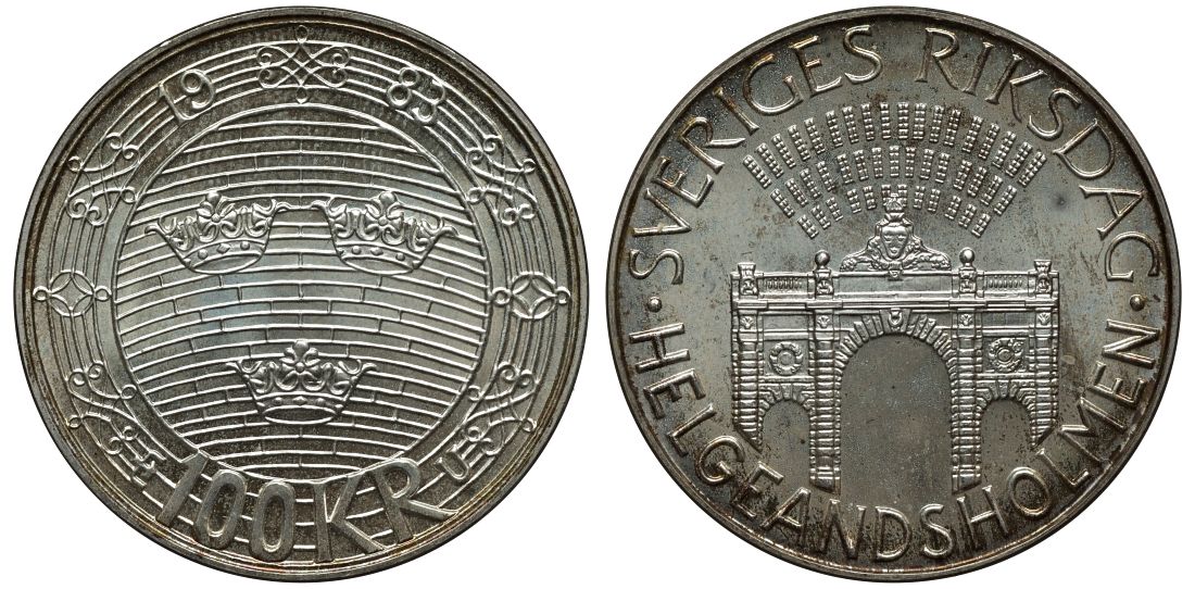 Швеция 100 крон 1983 шведский риксдаг, здание парламента, Карл XVI Густав (1973- ) KM 861 серебро BUNC 4111-1223