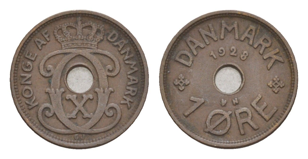 Дания 1 эре 1928 N, Кристиан X (1912-1947) KM 826 бронза 4658-142