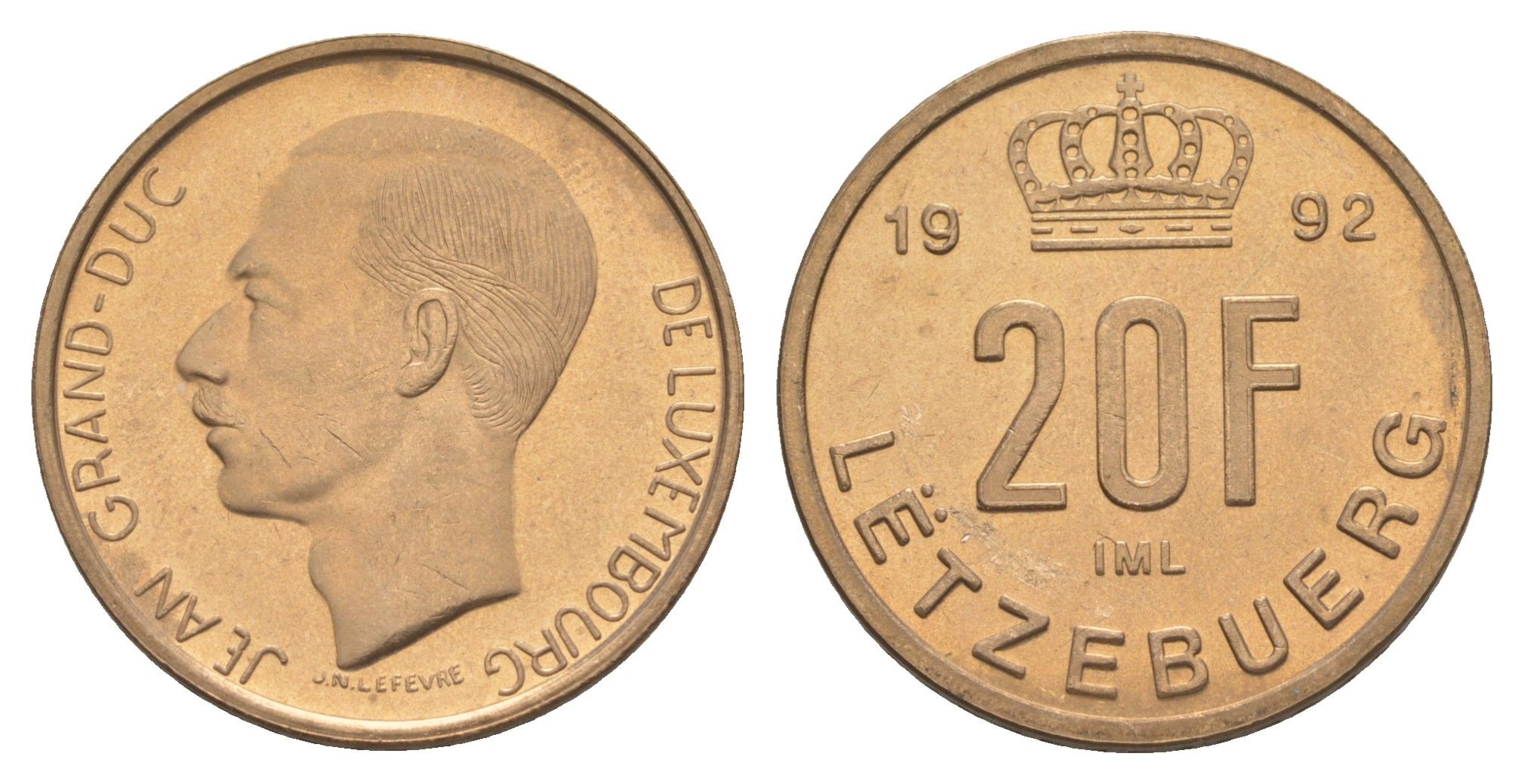 Люксембург 20 франков 1992 Великий герцог Жан (1964-2000), тираж 10.000 экземпляров KM 67 алюминиевая бронза BU 4178-725