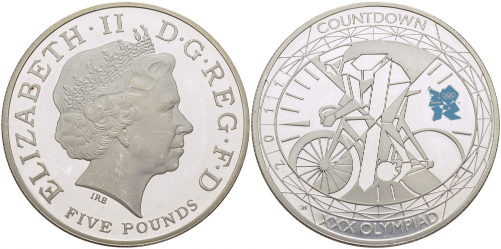 Великобритания 5 фунтов 2011 Елизавета II (1952-2022), XXX Летние Олимпийские игры 2012 в Лондоне 2012 - Обратный отсчет 1 год до начала, велосипедный спорт, KM 1202, Spink LO35 серебро PROOF 1077-7-43