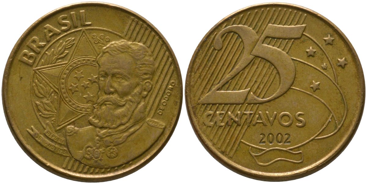 Бразилия 25 сентаво 2002 KM 650, Schon 158 сталь плакированная бронзой 4525-332