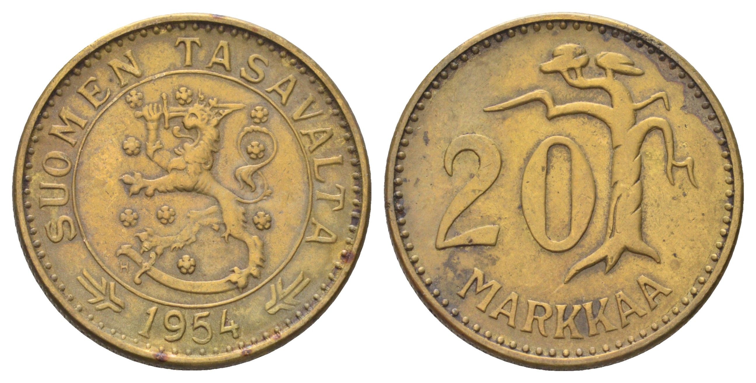 Финляндия 20 марок 1954 KM 39 алюминиевая бронза 4666-843