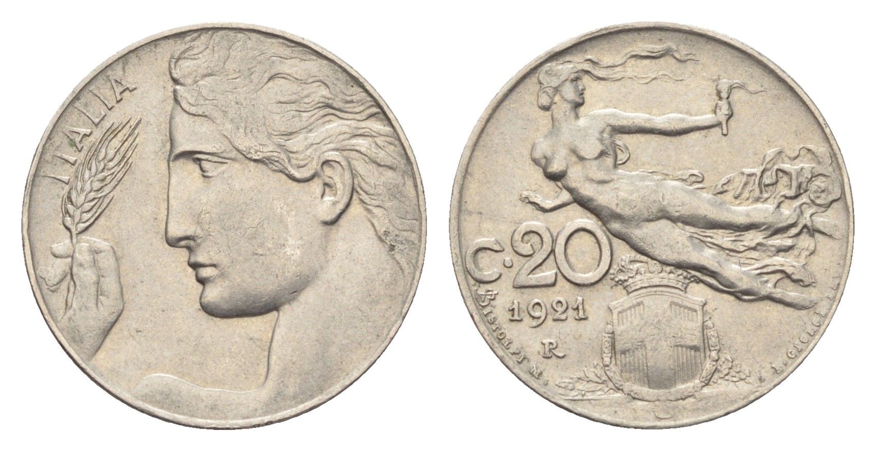 Италия 20 чентезимо 1921 R, Виктор Эммануил III (1900-1946) KM 44 никель 4705-568