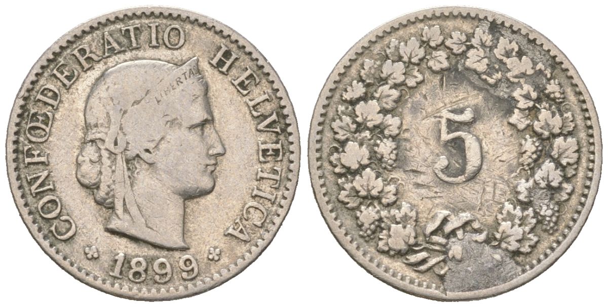 Швейцария 5 раппенов 1899 B KM 26 медно-никель 4158-1138