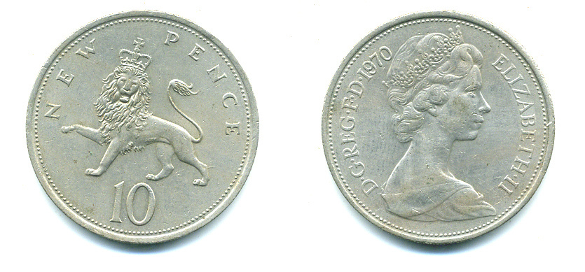 Великобритания 10 пенсов 1970 Елизавета II (1952-2022) KM 912, Spink 4231 (F1) медно-никель 4383-934