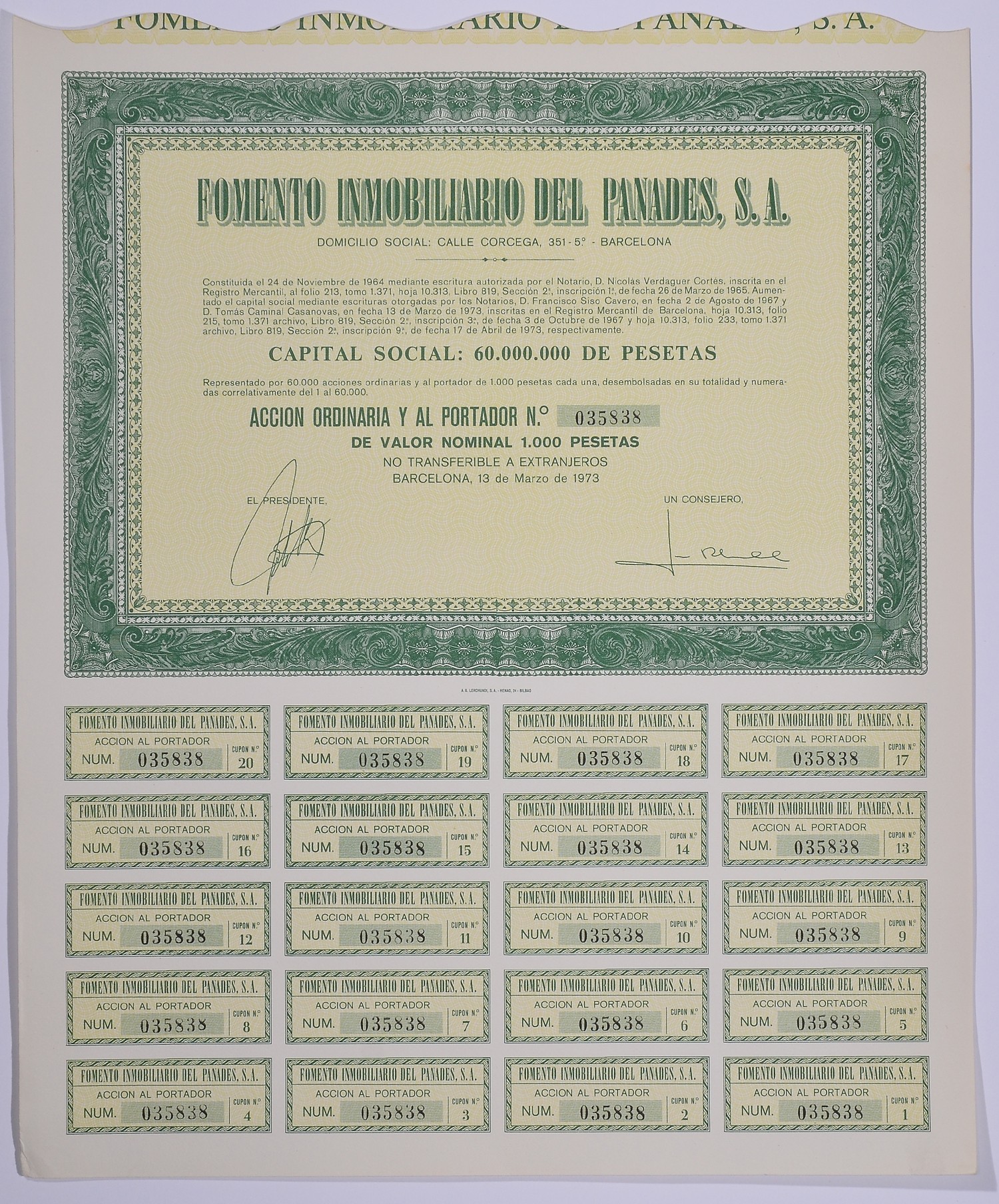 Испания акция на 1000 песет 1973 Fomento Inmobiliario del Panades, S.A., Барселона 1973, с купонами бумага 5548-30-1-2