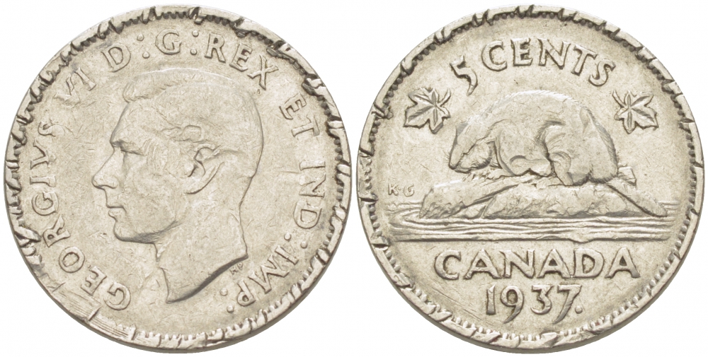 Канада 5 центов 1937 бобр Dot, Георг VI (1936-1952) KM 33 никель 4539-751