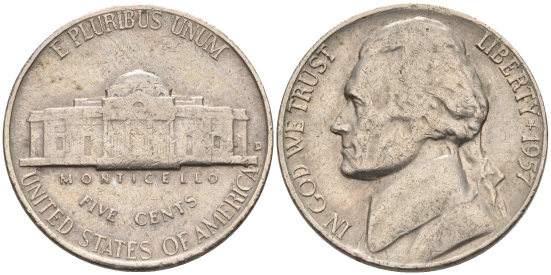 США 5 центов 1957 D, Джефферсон KM А192 медно-никель 92-1031