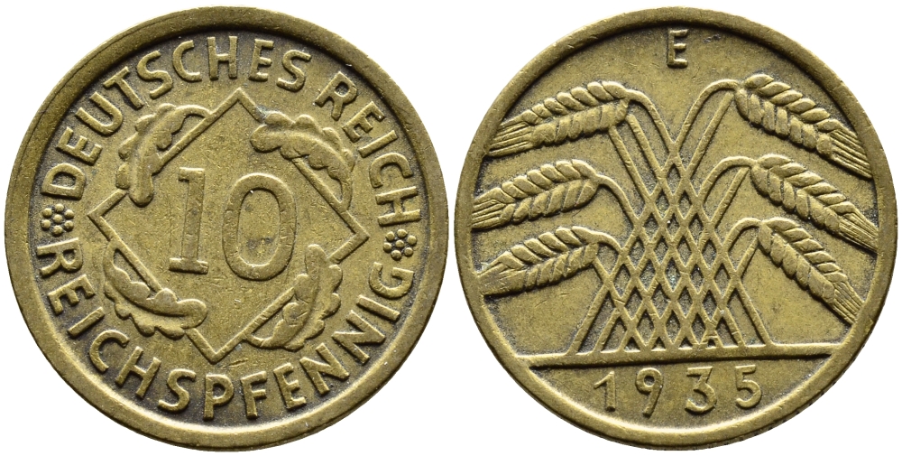 ГЕРМАНИЯ 10 РЕЙХСПФЕННИГОВ 1935 E, KM 40, J. 317 алюминиевая бронза 4390-837