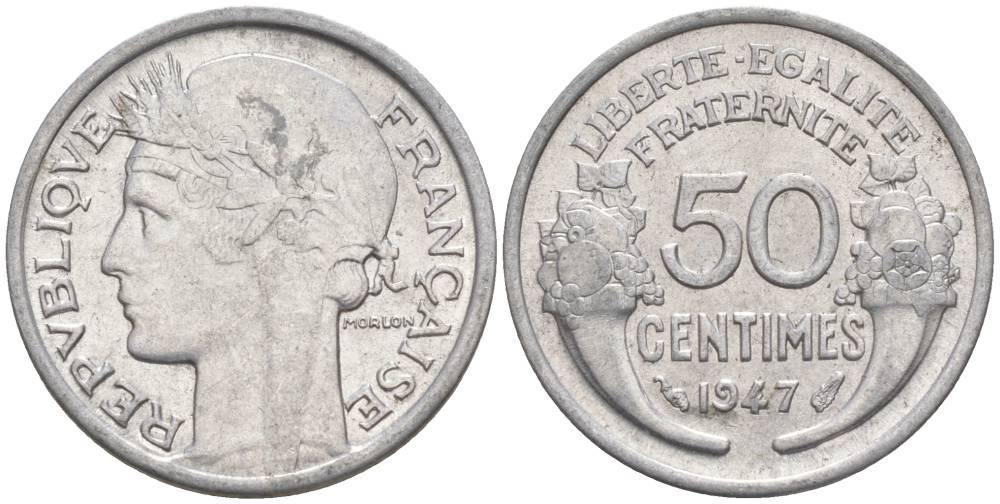 ФРАНЦИЯ 50 САНТИМОВ 1947 ТИП MORLON LOURDE KM 894.1a, LE FRANC 194.9 алюминий 44-345