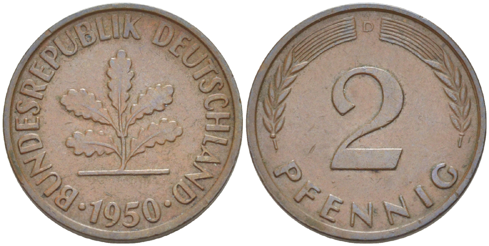 ФРГ 2 ПФЕННИГА 1950 D KM 106, J. 381 бронза 4181-715