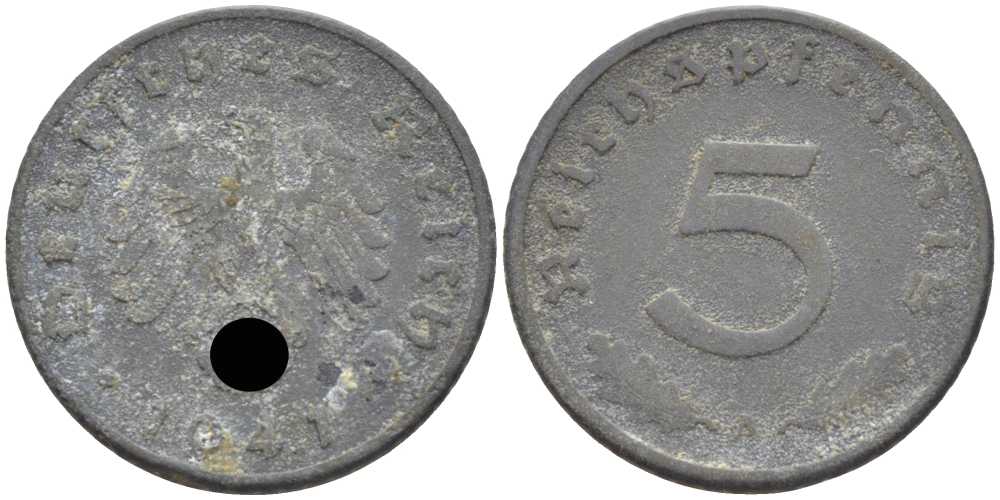 ГЕРМАНИЯ 5 РЕЙХСПФЕННИГОВ 1941 A KM 100, J. 370 цинк 105-244