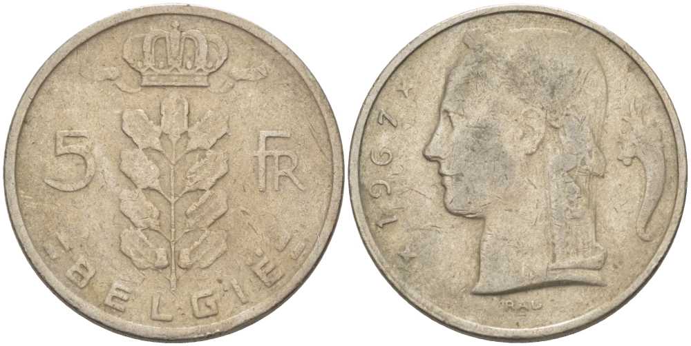 Бельгия 5 франков 1967 Belgie, Бодуэн I (1951-1993) KM 135.1 медно-никель 60-1236