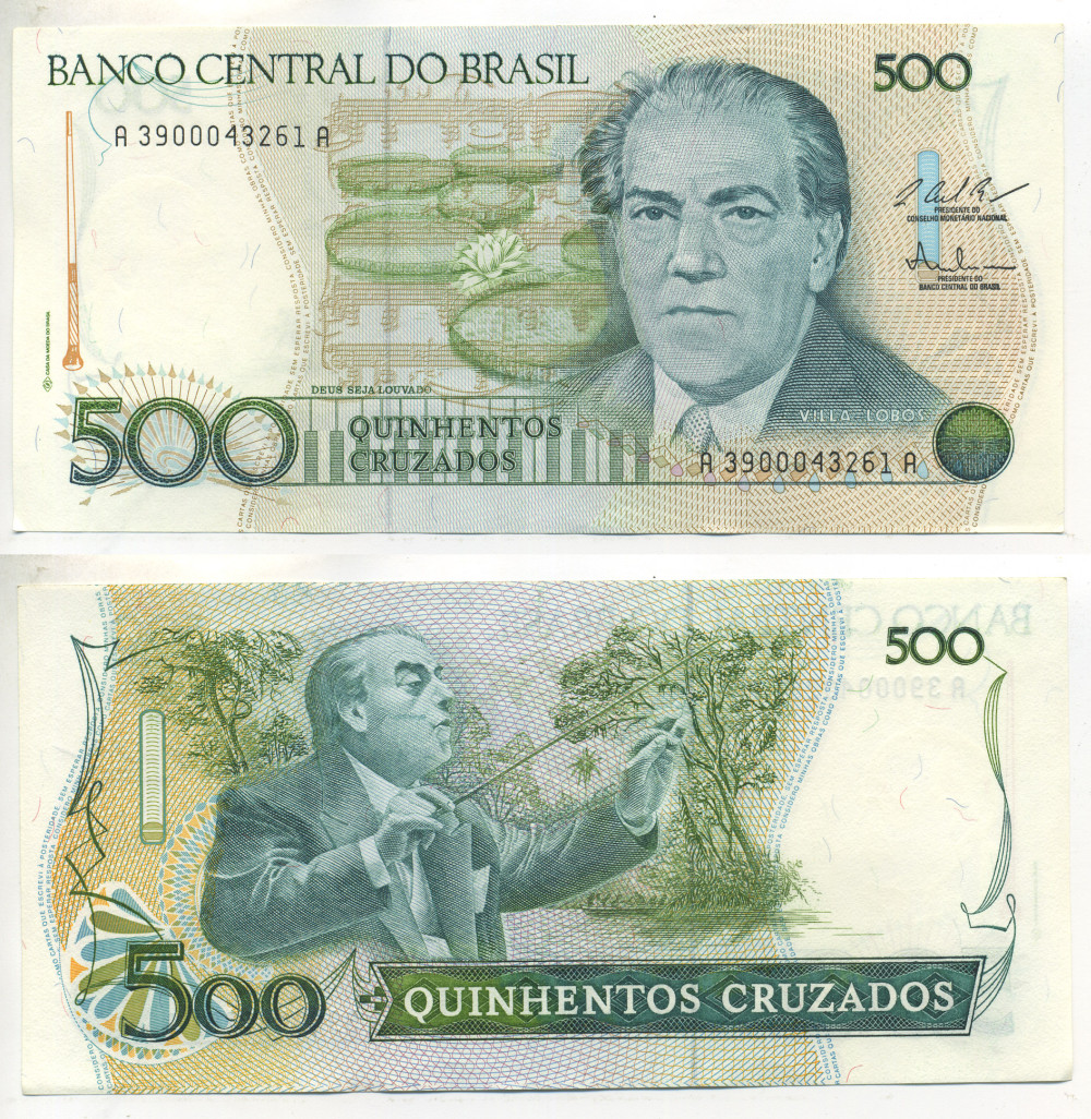 Бразилия 500 крузадо ND (1986-1988) серия A 3900, 100 лет со дня рождения Эйтор Вилла-Лобос Pick 212 c бумага aUNC 6266-41-3-1
