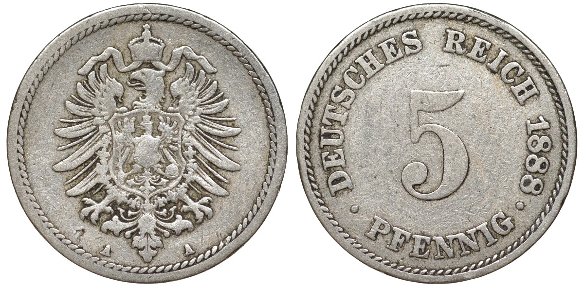 Германия 5 пфеннигов 1888 A, старогербовка KM 3, J. 3 медно-никель 51-3854