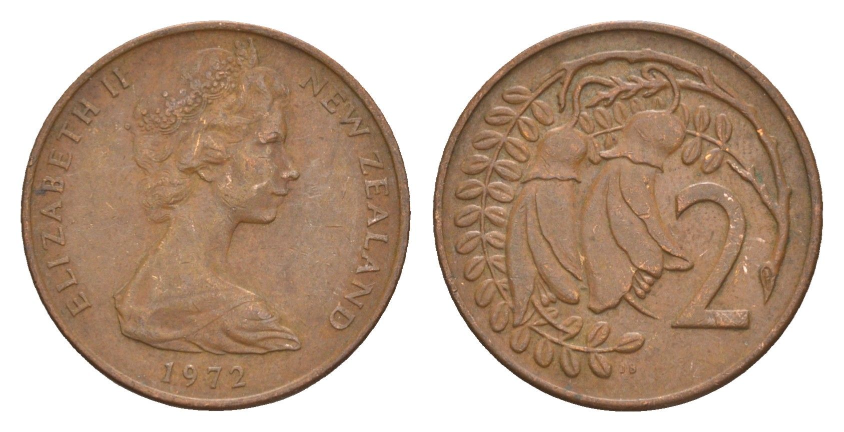 Новая Зеландия 2 цента 1972 Елизавета II (1952-2022), два цветка кохаи KM 32.1 бронза 4178-229