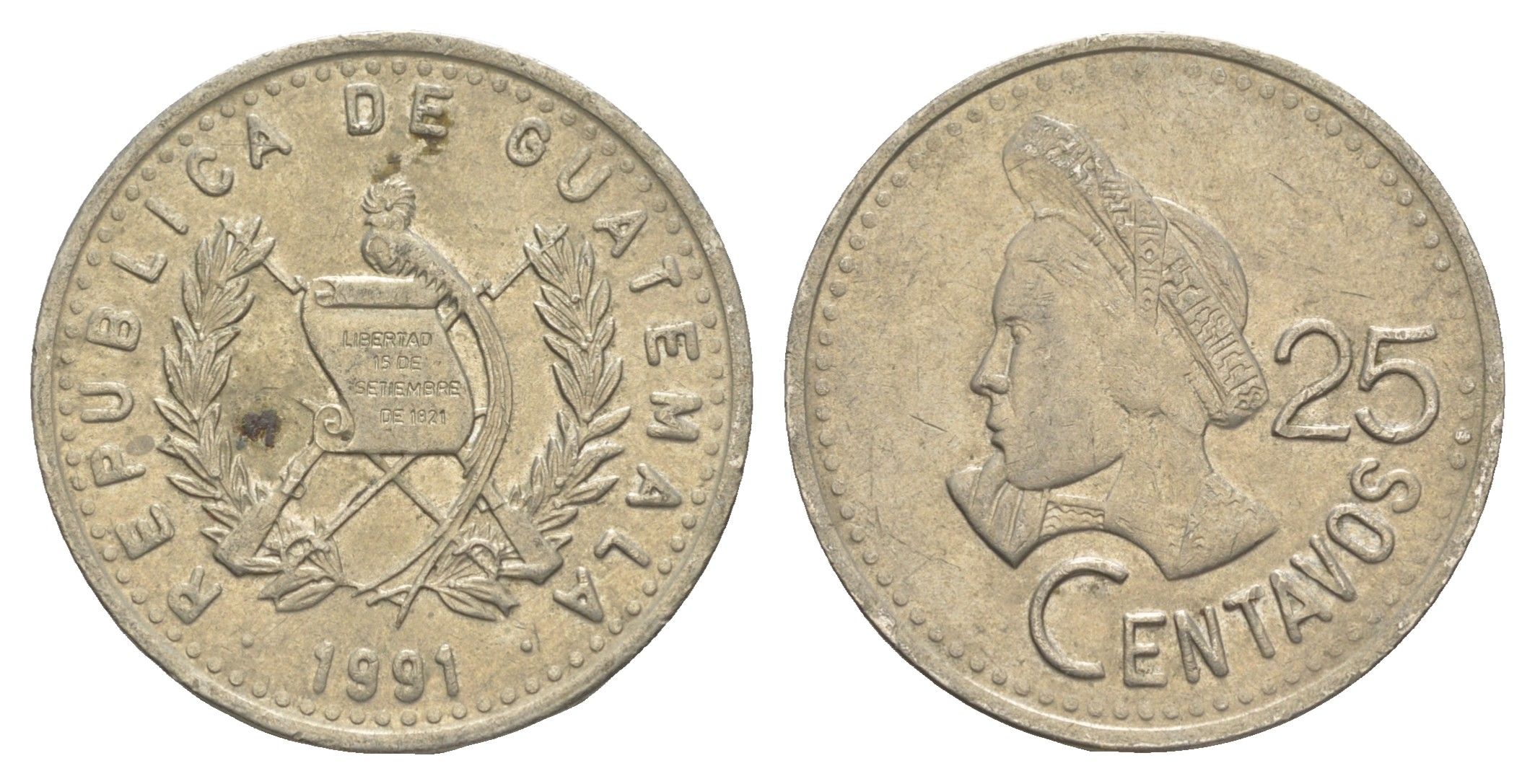 Гватемала 25 сентаво 1991 большая голова, Республика Гватемала KM 278.5 медно-никель 4163-521
