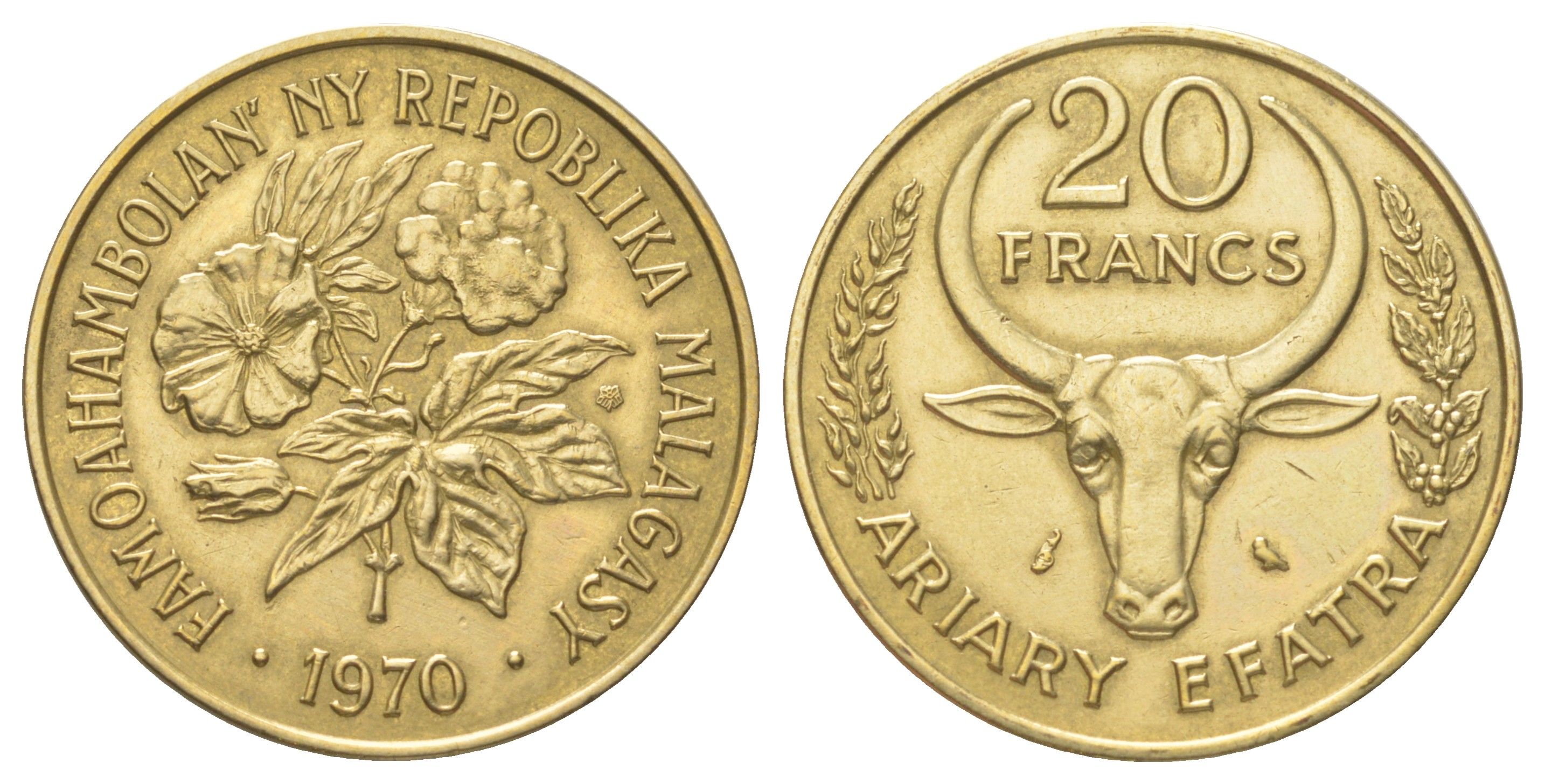 Мадагаскар 20 франков 1970 KM 12 алюминиевая бронза UNC 4622-1254