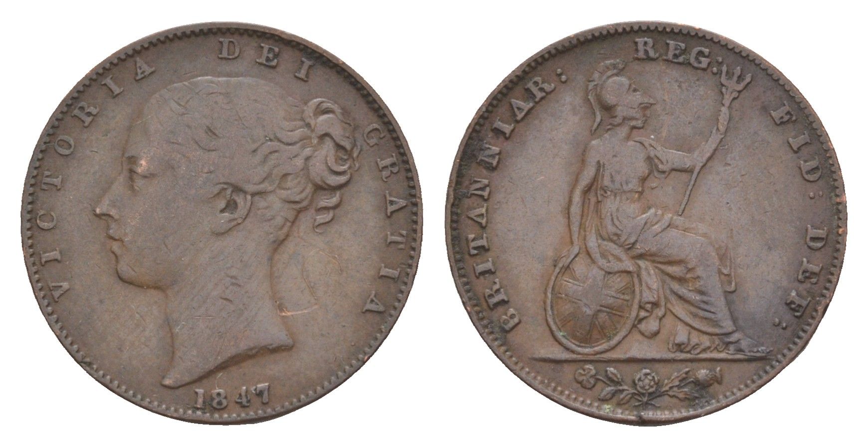 Великобритания 1 фартинг 1847 Виктория (1837-1901) KM 725, Spink 3950 бронза 4658-913