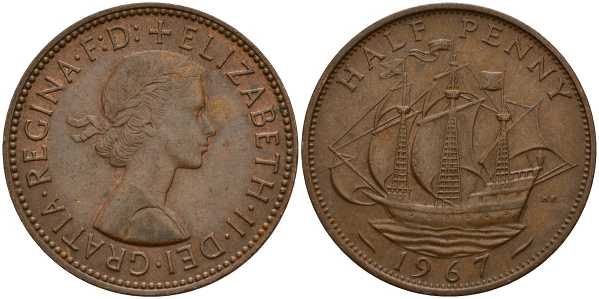 Великобритания 1/2 пенни 1967 Елизавета II (1952-2022) KM 896, Spink 4158 бронза 4156-512