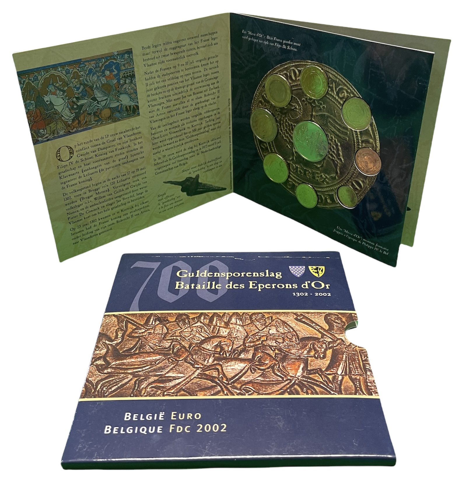 Бельгия евронабор из 8 монет + жетон 2002 700 лет битве при Куртре,  в оригинальном картонном буклете    UNC  6-5-3-20
