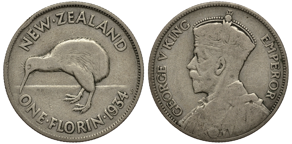 Новая Зеландия 1 флорин 1934 Георг V (1910-1936), птичка киви KM 4 серебро 272-1233