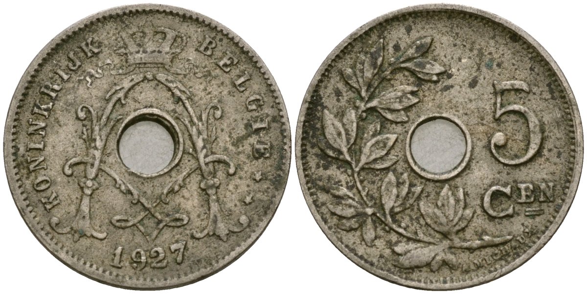 Бельгия 5 сантимов 1927 Belgie KM 67 медно-никель 4136-517