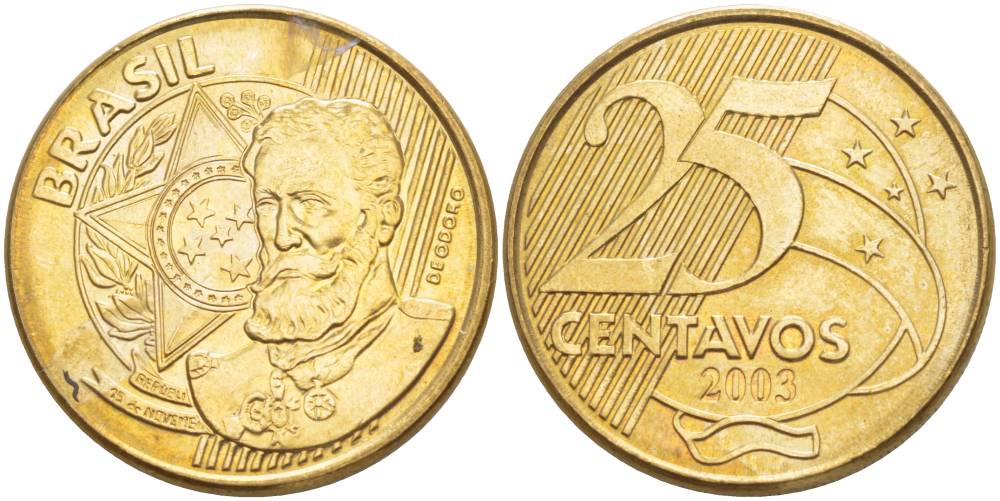 БРАЗИЛИЯ 25 СЕНТАВО 2003 KM 650 сталь плакированная латунью 4544-312