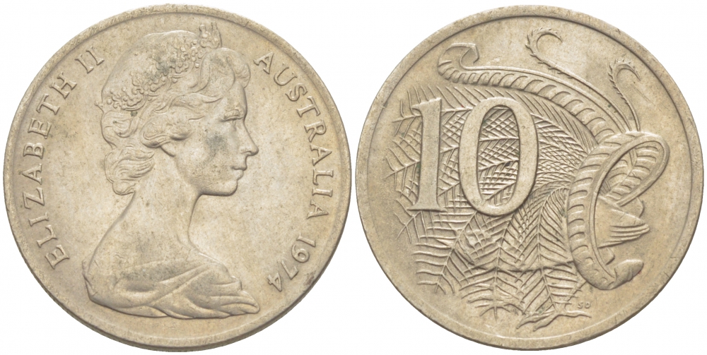 Австралия 10 центов 1974 Елизавета II (1952-), птица лирахвост KM 65 медно-никель 3457-644